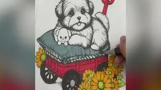 Teacup Pup on Wagon Coloring Demo.  adultcoloring, #art #alcoholmarkers, ASMR