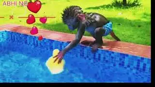 Monkey Baby  Bon Bon harvest Fruit in the garden and eat with puppy and  duckling at the pool