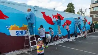 Painting the 112-foot Save Our Salmon Mural Community Paint Day Time Lapse