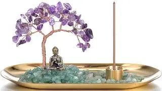 Jovivi Crystal Incense Holder for Sticks, Amethyst Healing Crystal Stone Money Tree Buddha Statue
