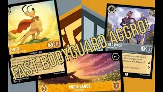 Lorcana Bodyguard Aggro deck, Pluto Friendly Pooch and The Pride Lands to get characters out fast