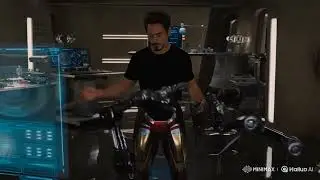tony stark puting on his iron man suit with robots