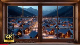 4K Christmas Town Winter Window View - Cozy Snow Ambience & Mountain Night Sounds for Sleep & Study