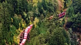 Two Giant Trains Meet Thru The Mighty Fraser Canyon Between The River!