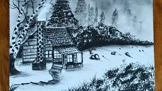Beautiful nature landscape drawing with pencil | Easy winter landscape pencil drawing 