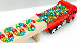 Marble Run Race ☆ HABA Slope &Retro Makita Truck, Excavator, Garbage Truck, Dump Truck,Ambulances