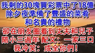 【優秀爽文】我剩的30塊買彩票中了18億。除夕夜準備了豐盛的菜肴和名貴的禮物。朋友圈看到丈夫和兒子陪小三過年，配文：一家三口。我冷笑：成全你們！#婆媳 #家庭 #情感故事 #為人處世 #婚姻 #故事