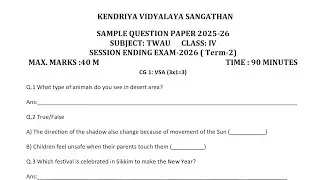 Class-4 TWAU / EVS / Annual Exam 2026 Question Paper Session Ending Exam PM SHRI KVS Term2