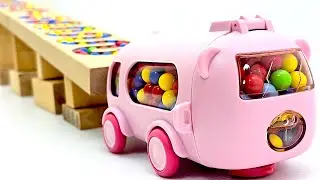 Quiet Toy Vehicle ASMR on a Wooden Marble Track | Moving Beads Bus, Dump Truck & Slime