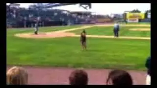 Kayla Raparelli sings god bless America at riversharks game