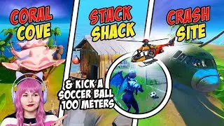 Visit Coral Cove, Stack Shack and Crash Site without swimming & Kick a Soccer Ball 100 m - FORTNITE