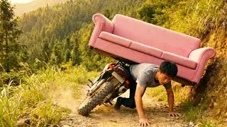 A poorly trained motorcyclist carrying an oversized load overturned on a treacherous mountain road.