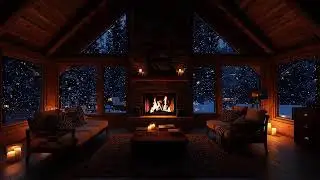Late Night Cozy Cabin Jazz 🌙 Snowy Forest Outside & Crackling Fireplace