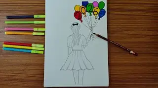 Girl with Balloons Drawing | Easy Pencil Sketch | Sketch Pen Art