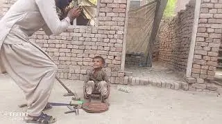 Little boy playing with wood cutting tool making something new to you