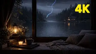 1 Hours Rain & Thunder Ambience 🌧️⚡ Cozy Lake Cabin Window  Deep Sleep, Relax & Focus  QuietHours