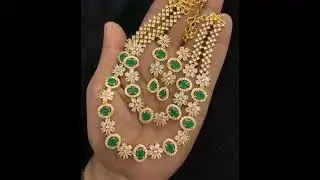 Gold finish Emerald and AD Stones Studded Necklace - Two line necklace with earrings