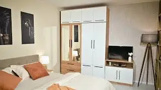 Set dormitor  Alb + Stejar Auriu &ndash; Madrid - 4 uși cu suprapozabil și oglindă