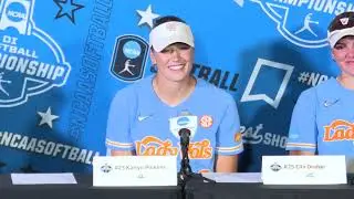 Lady Vols Softball Coach Karen Weekly, Karlyn Pickens, Ella Dodge post-game vs. Nebraska