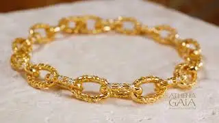 18k Gold Oval Link Filigree Diamond Bracelet Made in Greece