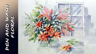 Line & Wash Flower Painting |  लाइन एंड वॉश वॉटरकलर  ट्यूटोरियल | Watercolor | Watercolour