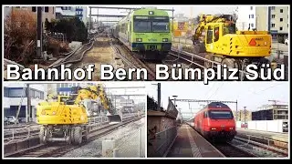 Schienenbagger und viele Züge beim Bahnhof Bern Bümpliz Süd, Stadt Bern, Schweiz 2021