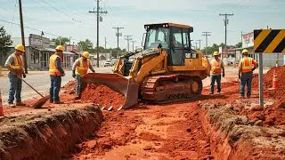 Massive Road Construction Project Underway Heavy Equipment in Action pushing red dirt in the center