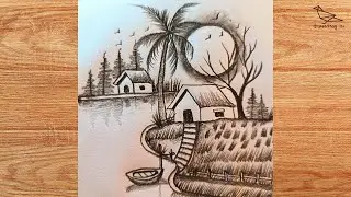 How to draw a village scenery with boat and river. #drawingtutorial #villagescenary #howtodraw