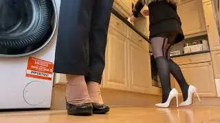 Angelica & Chelle - White Stiletto Strides: Seamed Pantyhose & Floorwork in the Kitchen