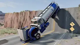 Double Flatbed Trailer Truck vs Speedbumps Train vs Cars Tractor vs Train Beamng.Drive part 13