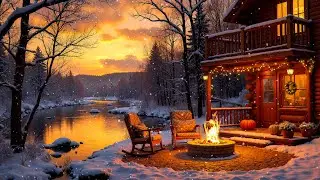 Serene Winter River Riverside 🌊🔥 Cozy Fire Pit, Snowfall & Peaceful Piano Music for Study, Focus