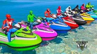 TEAM SPIDERMAN JET SKI WATER RACING JUMP CHALLENGE,SUPERHEROES Motorbikes RACE on BEACH RAMP - GTA 5
