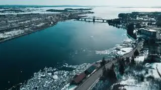 Aerial view of Little Current Ontario and the swing bridge, March 2023