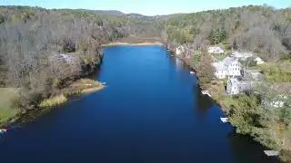 Brookfield Pond, Floating Bridge, and Village.  Central Vermont Fall. DJI Mini 4k 30 fps