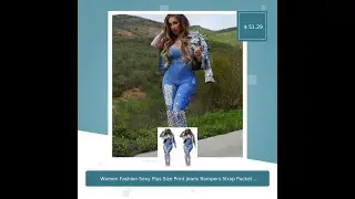 Women Fashion Sexy Plus Size Print Jeans Rompers Strap Pocket Denim Casual Loose Jumpsuit Long Pants