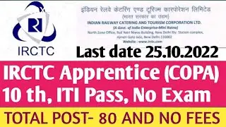 IRCTC Northern Railway Apprentice 2022,10th Pass, ITI Trade COPA Pass, Post- 80 Letest Update 2022