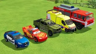 TRANSPORTING DACIA, MCQUEEN CAR, FORD POLICE CAR, AMBULANCE EMERGENCY WITH MAN TRUCKS FS22 #50