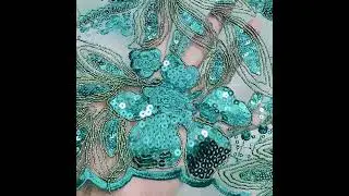 Embroidered Sequin Fabric, Green Embroidered Sequin Tulle Fabric, DX028