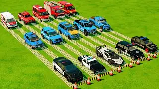 TRANSPORTING POLICE CARS, AMBULANCE, FIRE TRUCK, COLORFUL CARS WITH TRUCK -FARMING SIMULATOR 22!
