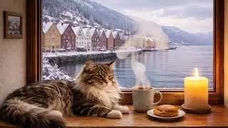 🐈❄️ Bergen Cat Café | Cozy Winter Ambience | Bryggen Harbor & Soft Nordic Music (1 Hour)