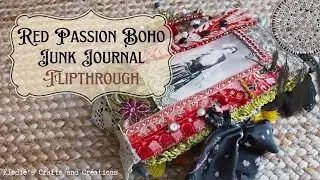SOLD - Red Passion, Boho / Bohemian Junk Journal - Flipthrough - patchwork embroidery cover pockets