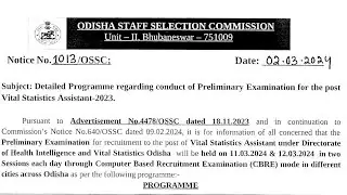 OSSC Preliminary Written exam for post Vital Statistics Assistant 2023 notification Released 2024