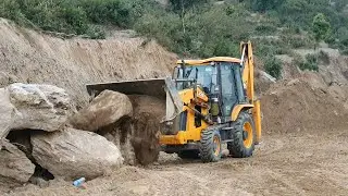 JCB Backhoe Throwing out Dirt From Road - Clearing Road - JCB Making Hilly Road