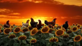 Peaceful Backyard Chickens Foraging and Interacting in Open Space