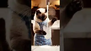 Pouring water, this clever cat nearly spills whole bottle on kitchen counter