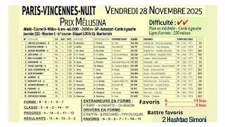 PROGRAMME QUINT&Eacute; DU VENDREDI SOIR 28.11.2025 PRIX MELUSINA A VINCENNES ATTEL&Eacute;