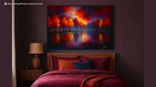 Autumn Blaze Reflections - Vibrant Forest Sunset Landscape Painting