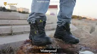VITO2001 S3 Steel Toe Safety Shoes Black Genuine Leather Mid Cut Labor Insurance Footwear