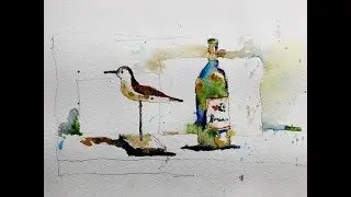 Бутылка вина и птица-кулик с акварелью с Крисом Петри