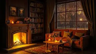 Autumn Jazz by the Fireplace 🍁 Cozy Living Room Ambience with Rainy Night & Relaxing Music